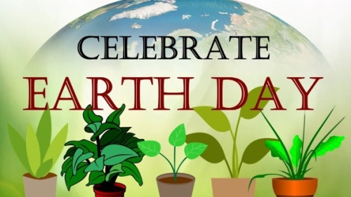 Colorful cartoon of four potted plants with text reading Celebrate Earth Day