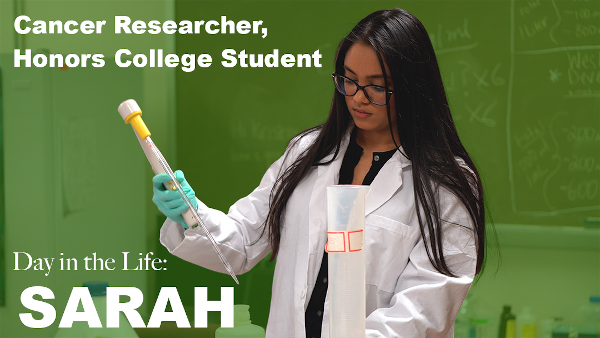 Day in the life: Sarah Cancer researcher, honors college student. A latin female student with long dark hair wearing glasses and white lab coat and blue gloves holding long glass pipette