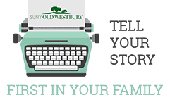 Typewriter with text saying First In your Family Tell Your Story