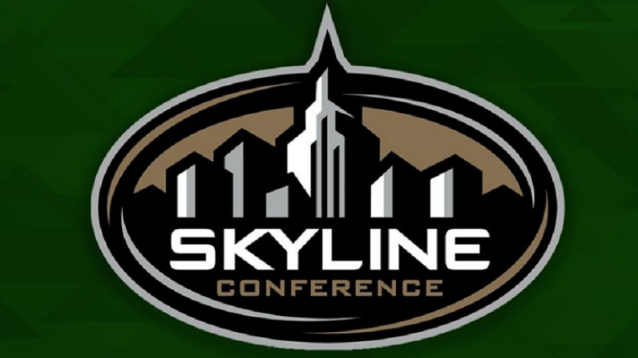 Skyline conference logo featuring a city skyline against with gold coloring against a green background