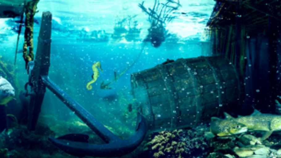 Digital illustration of a barrel underwater