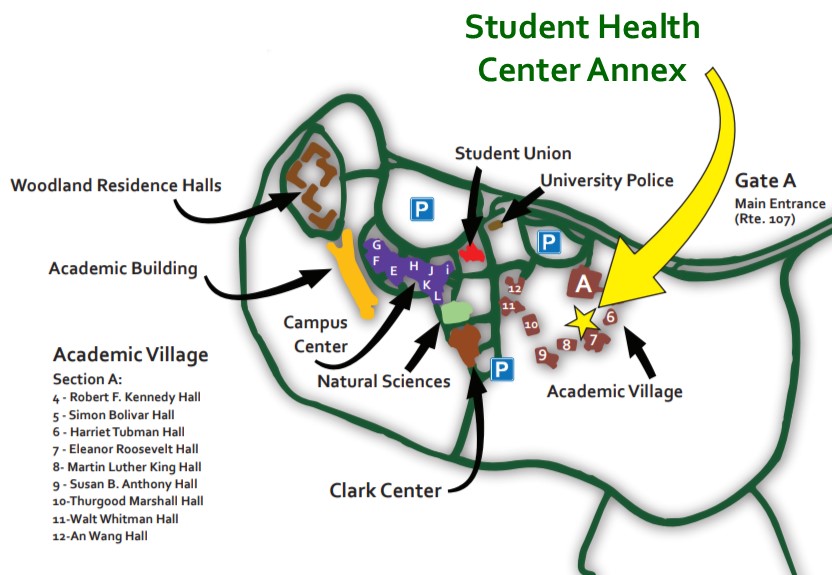 Map of campus with yellow arrow pointing to front of Eleanor Roosevelt Hall