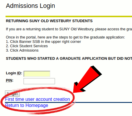 A screenshot of first time user register link highlighted in graduate application login form
