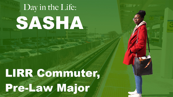 Day in the life: Sasha. LIRR Commuter, Pre-law major. Black female student wearing red coat blue jeans and shoulder tote bag standing at LIRR platform