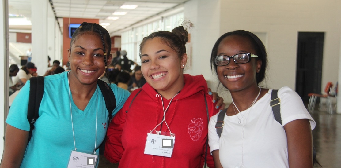 Three female students at Orientation