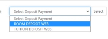 Screenshot of room deposit pull-down menu