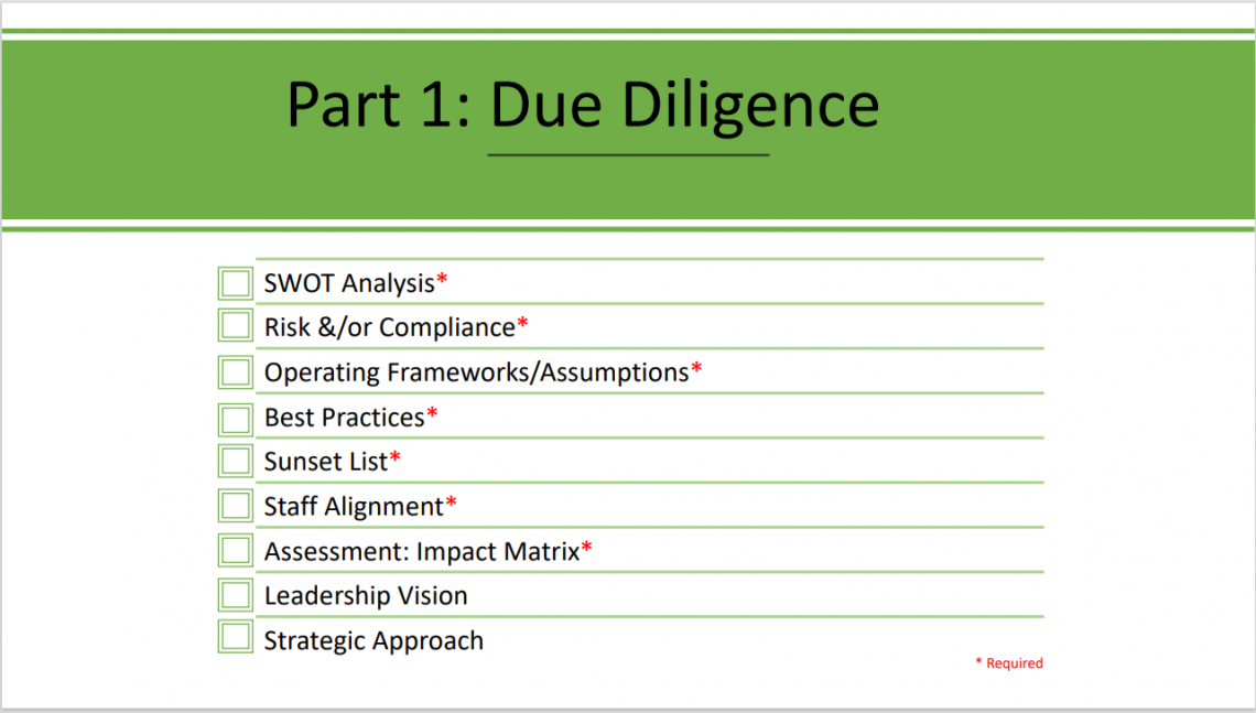 Green slide with a checklist title Due Diligence
