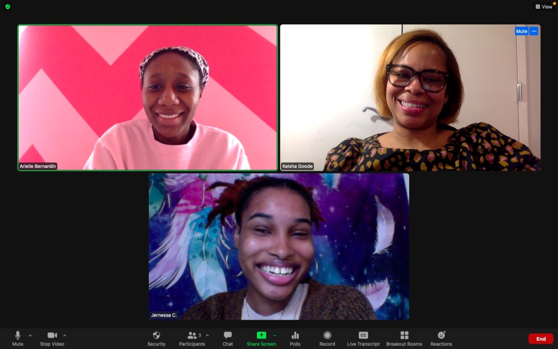 Zoom portrait of Professor Keisha Goode and student researchers Arielle Bernardin and Jernessa Cruickshank