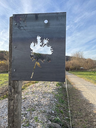 A carving of a Milkweed plant on a steel panel installed along a dirt path