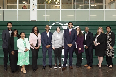 State University of New York Chancellor John B. King, Jr. with SUNY Old Westbury President Timothy Sams and college staff.