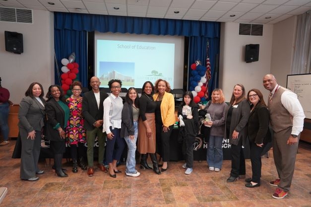 The SUNY Old Westbury faculty panel with Dr. Monique Darrisaw-Akil, Uniondale UFSD Superintendent and Uniondale High School staff during the "takeover" of Uniondale High School