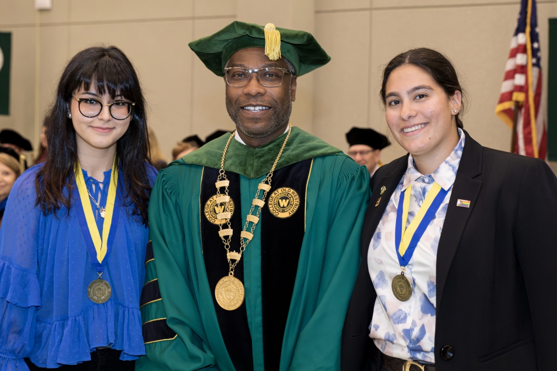 SUNY Chancellor Award winners Asma Halimi and Rosanna Cuttone with President Dr. Timothy E. Sams