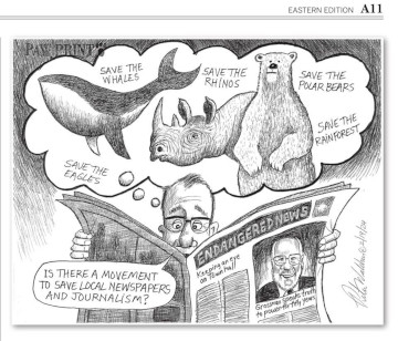 cartoon drawing featuring Professor Karl Grossman of the cover of a newspaper being read by an individual that asks "is there a movement to save local newspapers and journalism?"