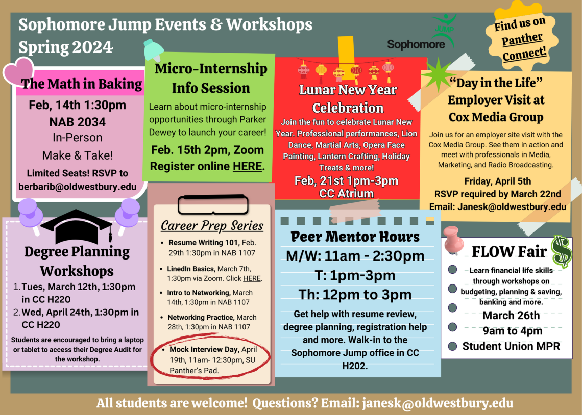 Image of corkboard with different flyers for Sophomore Jump events