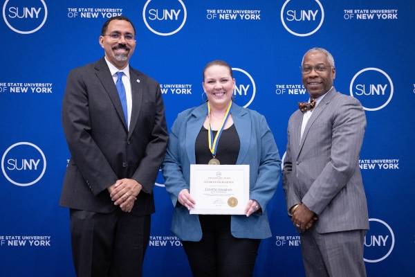 SUNY Chancellor John B. King, Jr., SUNY Chancellor Award winner Colette Vaughan and President Dr. Timothy E. Sams.