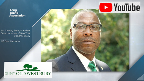 Man in suit with text reading SUNY Old Westbury President Timothy Sams and with YouTube Logo