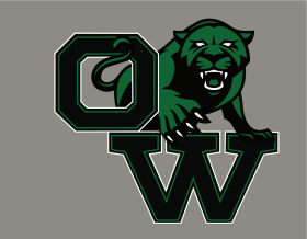 Green illustration of a panther rising between the letters O and W