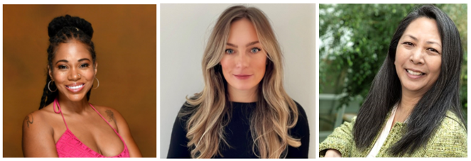 Three individual portraits of women linked together
