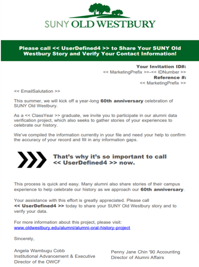 Sample email with college logo and promotional text asking alumni to respond with their oral history 
