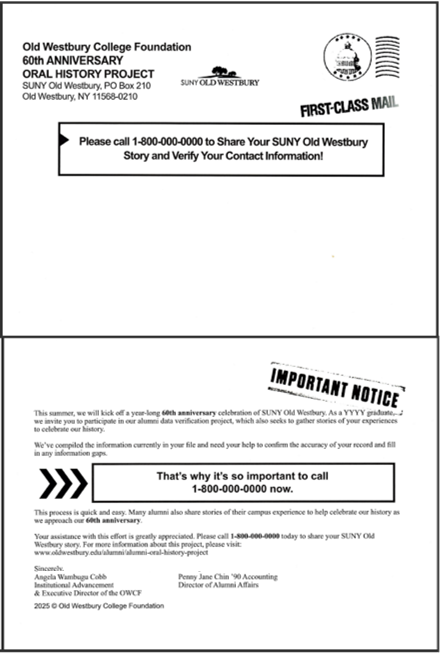Sample postcard with promotional text asking alumni to respond with their oral history