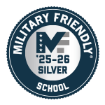 Blue and silver circular seat that reads Military Friendly School 25-26