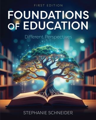 Book cover featuring an illustration of a tree growing out of the pages of a book with text superimposed that reads Foundations of Education