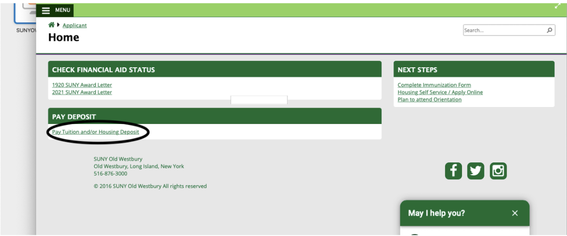 Student Portal home page with the Pay Deposit area highlighted