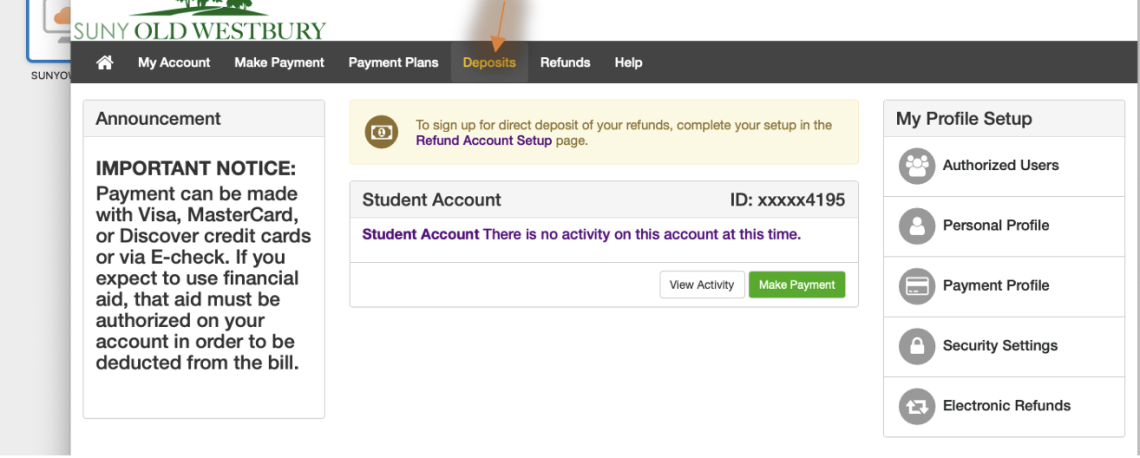 Payments screen with the Deposits tab in the top navigation