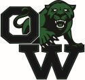 Illustrated green Panther coming out from behind the letters O and W in black, block letters
