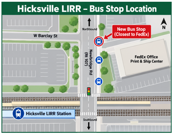Illustration of roadways around the Hicksville LIRR station with a red arrow pointing to the east side of Newbridge Road across from West Barclay Street