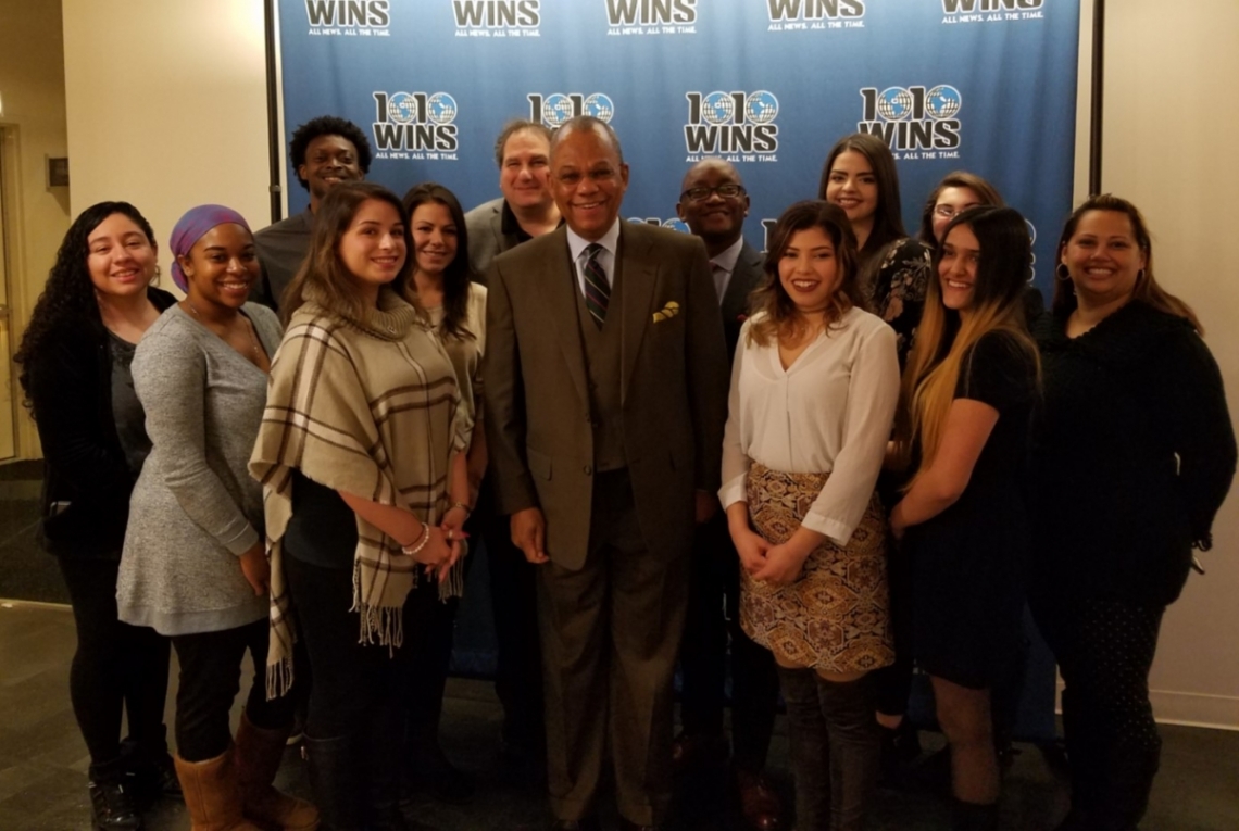 (From Left to Right):  Vanessa Valerio, Cheyanne Bray, Rayshawn Ogboe, Michelle Weinfurt, Taylor DiGiacomo, Ben Mevorach - Program and News Director, 1010 WINS, President Butts, Larry Mullins - Host, 1010 WINS, Arielle Mancebo, Christina Hussey, Nikki Kallipozis, Sheel Shah, and Meghan Wing.