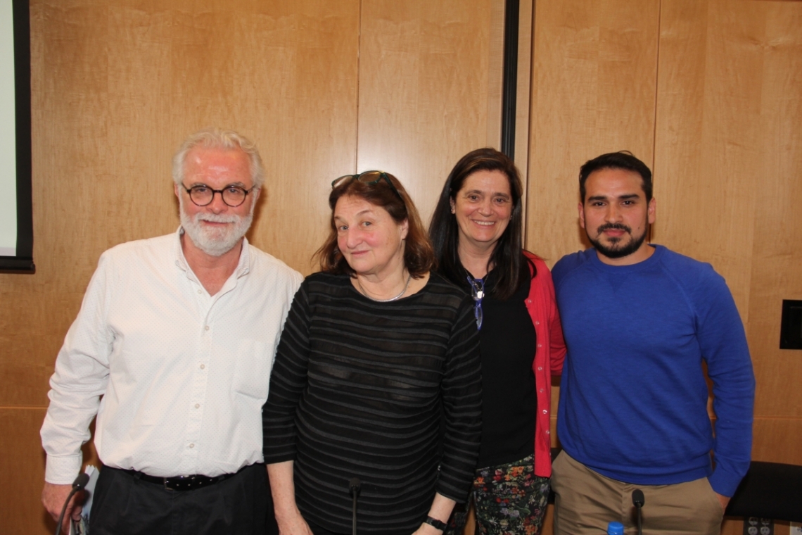 Event organizer and Associate Professor of Politics, Economics and Law Thomas DelGiudice with Meiselas, Doretti and panel participant Julio Martinez Ellsberg, adviser to the University Coalition for Democracy and Justice.