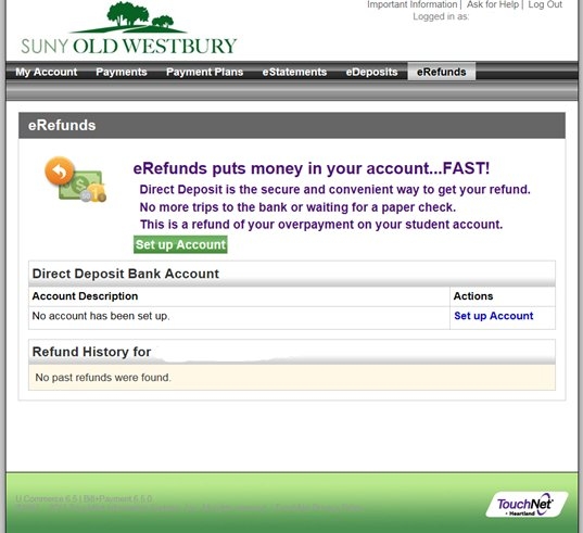 Screen shot of eRefunds website