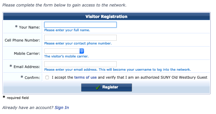 Screenshot of visitor registration form