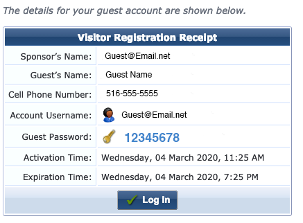 Screenshot of visitor registration receipt