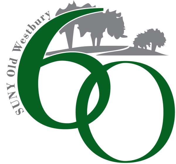 Green number 60 superimposed over gray trees with text wrapping on the six that reads SUNY Old Westbury
