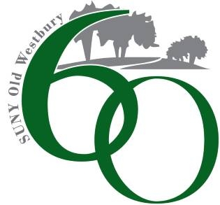Large interlocking numbers creating the number 60 in green with smaller, gray text reading SUNY Old Westbury and superimposed over a gray illustration of a stand of trees