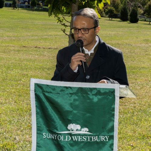 South Asian man in professional attire gives remarks from behind a podium