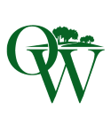 Interlocking O and W letters with an illustration of trees with a path winding between them, all in green