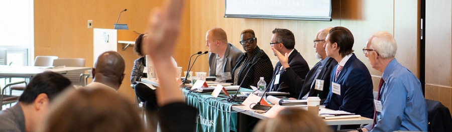 Seven industry leaders during panel discussion at School of Business Retreat