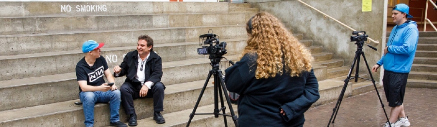 OWTV films a two-subject interview on Campus Center steps
