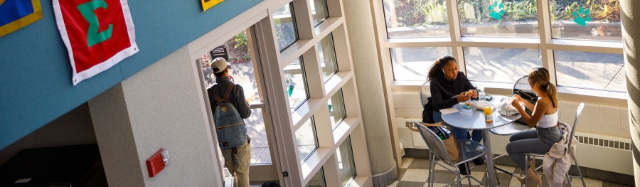 Looking down from the second floor as three students eat in the Panthers Den