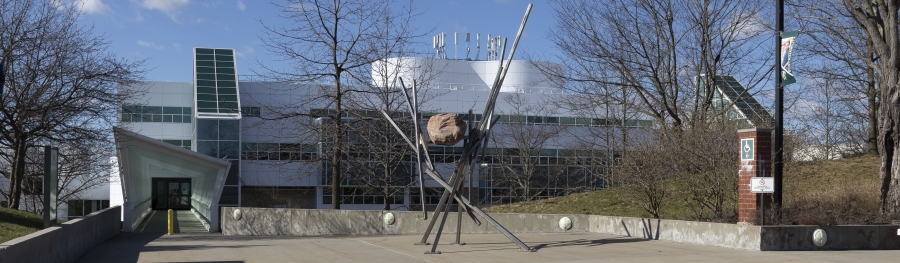 Stone and steel sculpture on the plaza outside campus center
