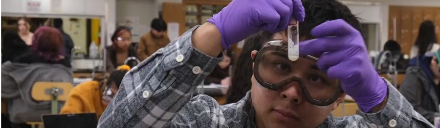 Male student wearing gloves holding a test tube