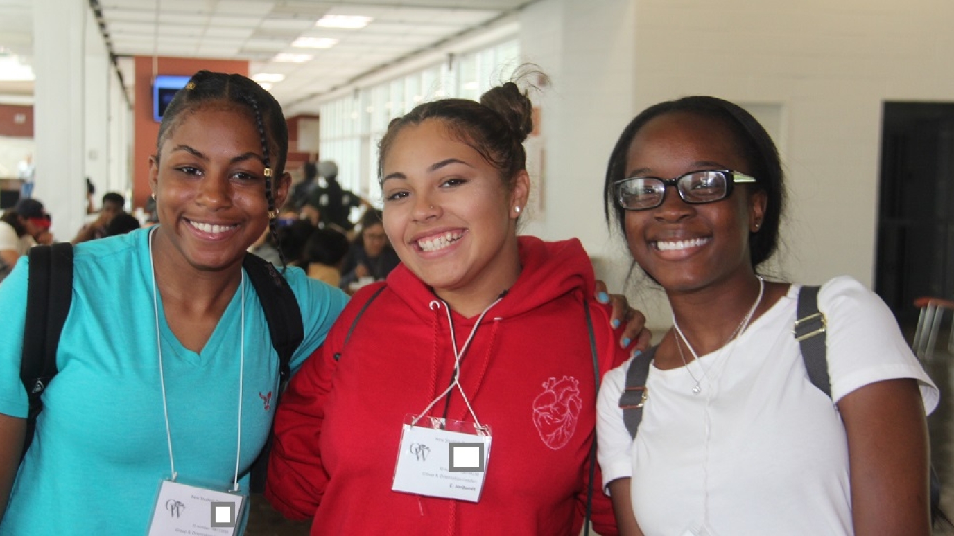 Three female students at Orientation