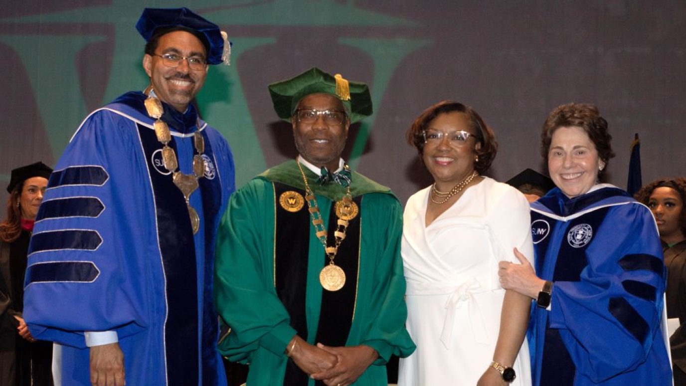 President Sams (second from left) with, from left, Chancellor John King, Frenita Sams, Merryl Tisch