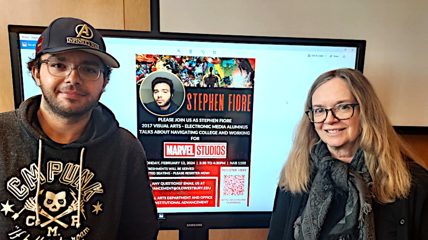 Visual Arts Electronic Media graduate Stephen Fiore with Professor Harris at SUNY Old Westbury