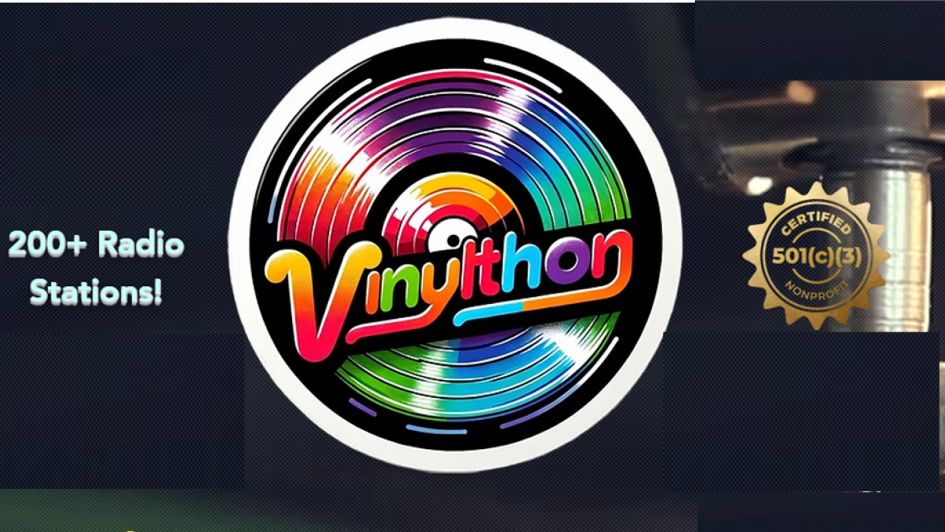 collage with a microphone and a record-shaped logo with multi-colored text reading Vinylthon