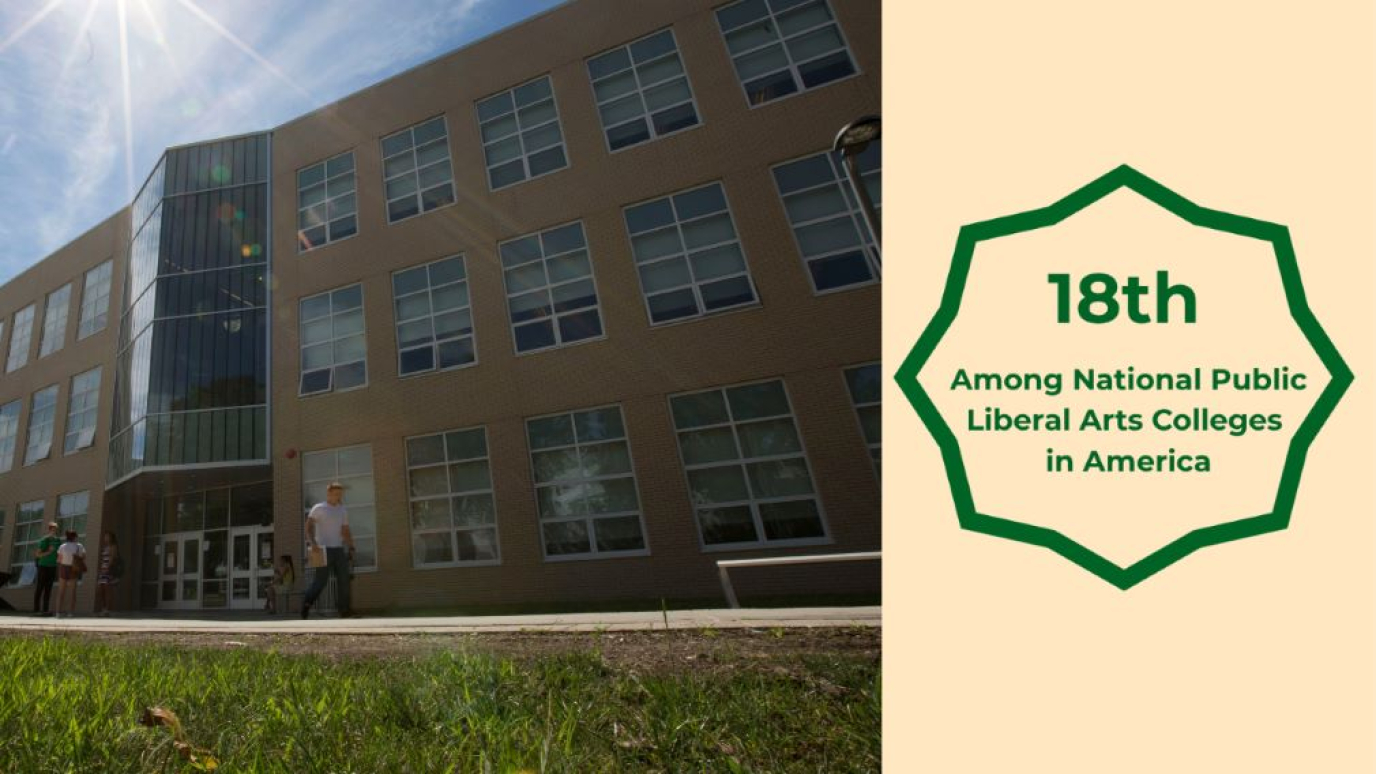 Academic building on a sunny day with a badge superimposed that reads 18th among Public National Liberal Arts Colleges