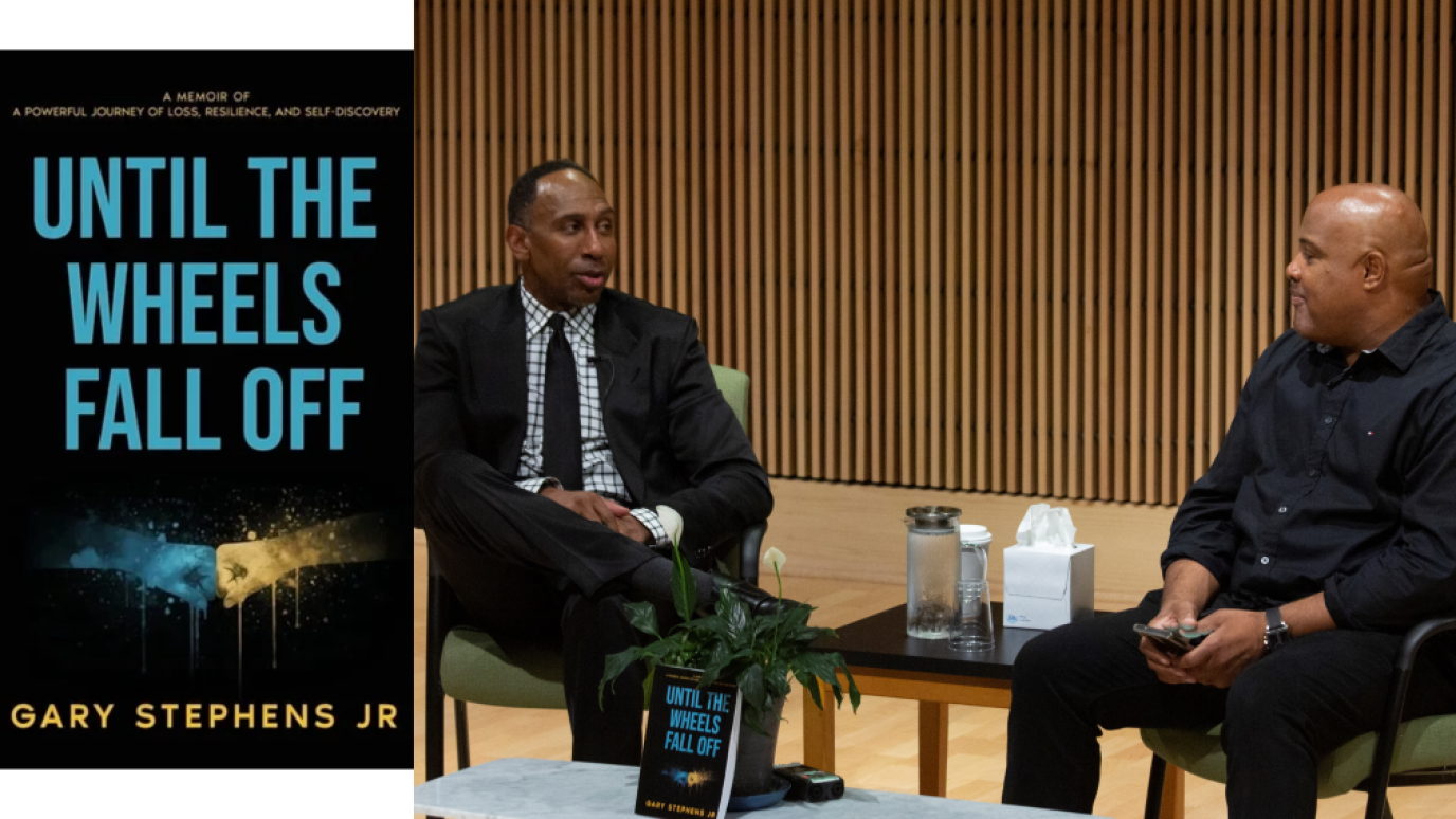 Collage of Until the Wheels Come Off Book Cover with photo of two in conversation while men seated on a stage